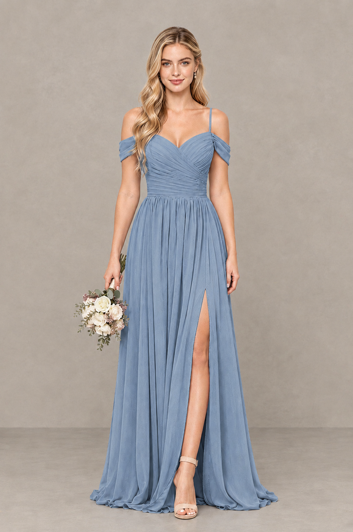 BOLODOO Dusty Blue Off-Shoulder Bridesmaid Dress with Slit - Dusty Blue