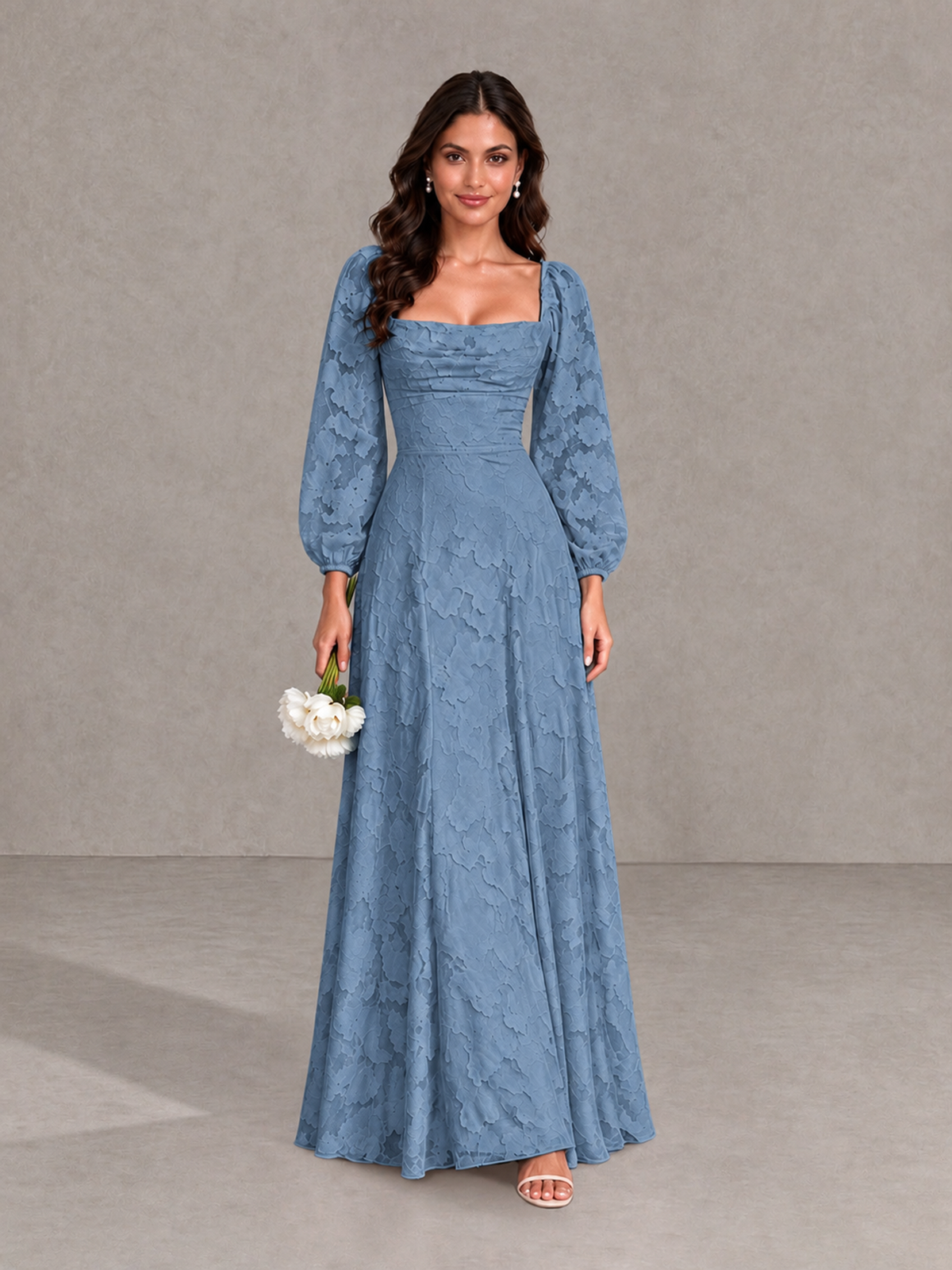 BOLODOO Dusty Blue Floral Long Sleeve A-Line Bridesmaid Dress - Dusty Blue - Dusty Blue_1