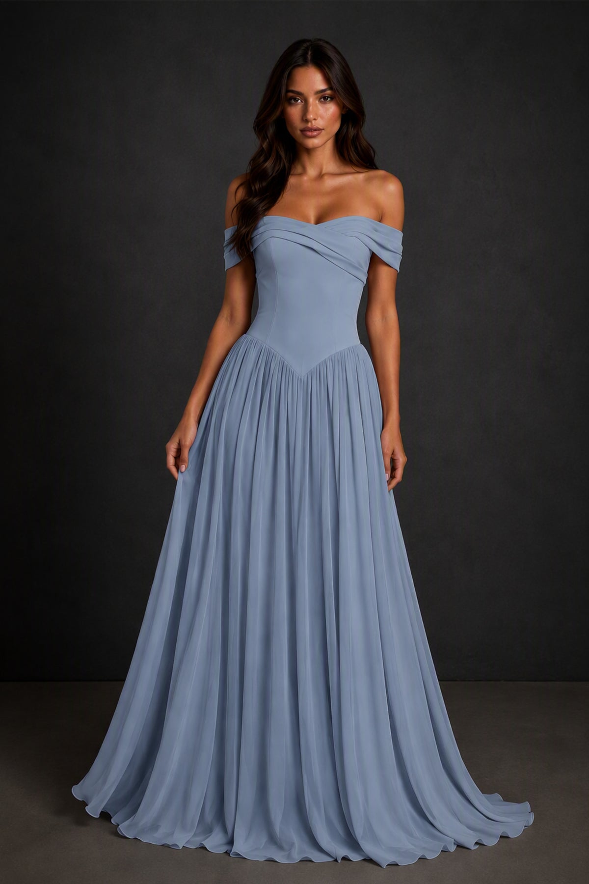 BOLODOO Dusty Blue Off-Shoulder Sweetheart Corset Pleated Chiffon Maxi Dress - Dusty Blue