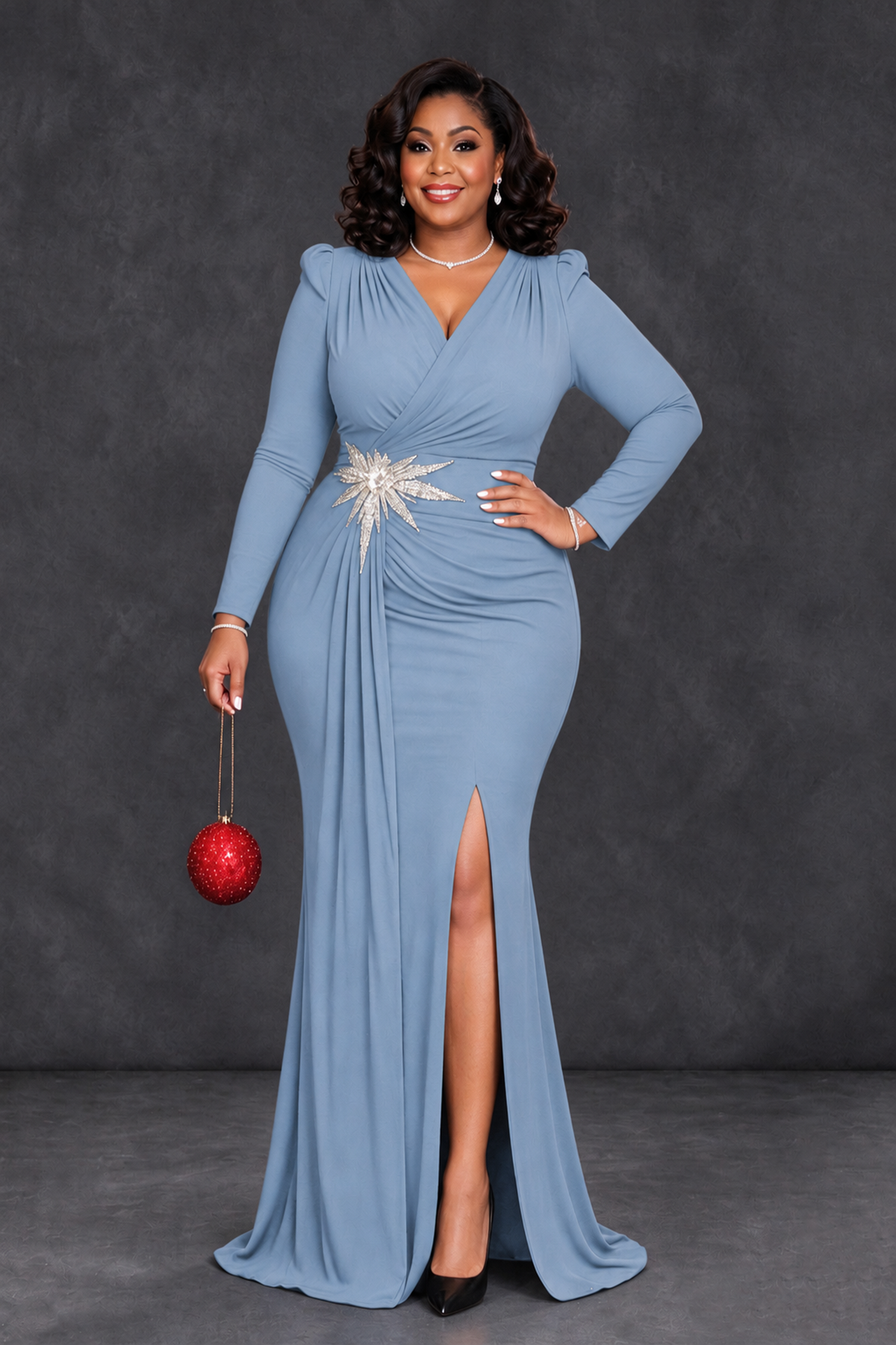 BOLODOO Dusty Blue Plus Size Long Sleeve V-Neck Mother of the Bride Dress with Slit - Dusty Blue - Dusty Blue_1