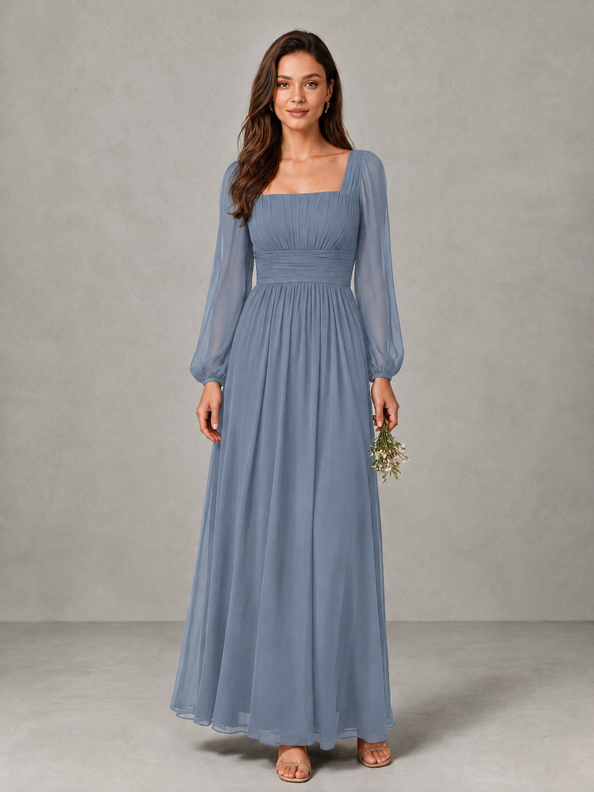 BOLODOO Dusty Blue Square Neck Long Sleeve Chiffon Bridesmaid Dress - Dusty Blue - Dusty Blue_1