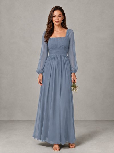 BOLODOO Dusty Blue Square Neck Long Sleeve Chiffon Bridesmaid Dress - Dusty Blue - Dusty Blue_1