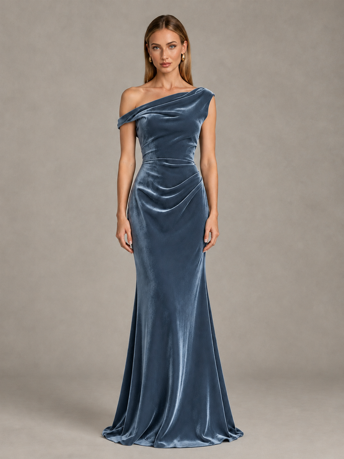 BOLODOO Dusty Blue One-Shoulder Velvet Mermaid Evening Gown - Dusty Blue - Dusty Blue_1