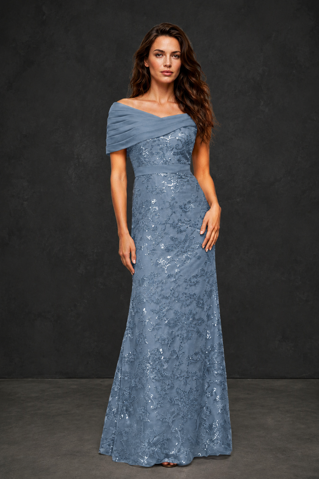 BOLODOO Dusty Blue Off-Shoulder Sequin Lace Mermaid Evening Gown | Mother of the Bride Formal Dress - Dusty Blue