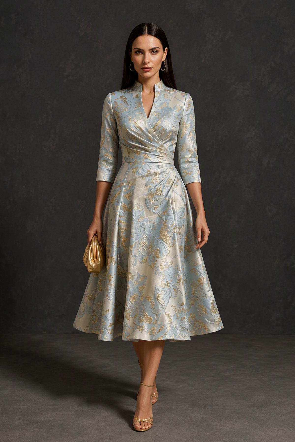 BOLODOO Dusty Blue Floral Jacquard Wrap Midi Dress with Three-Quarter Sleeves - Dusty Blue