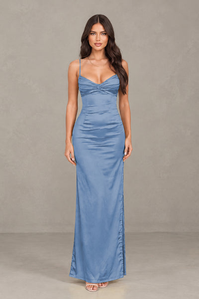 BOLODOO Dusty Blue Satin Cowl Neck Open Back Mermaid Maxi Dress with Side Slit - Dusty Blue