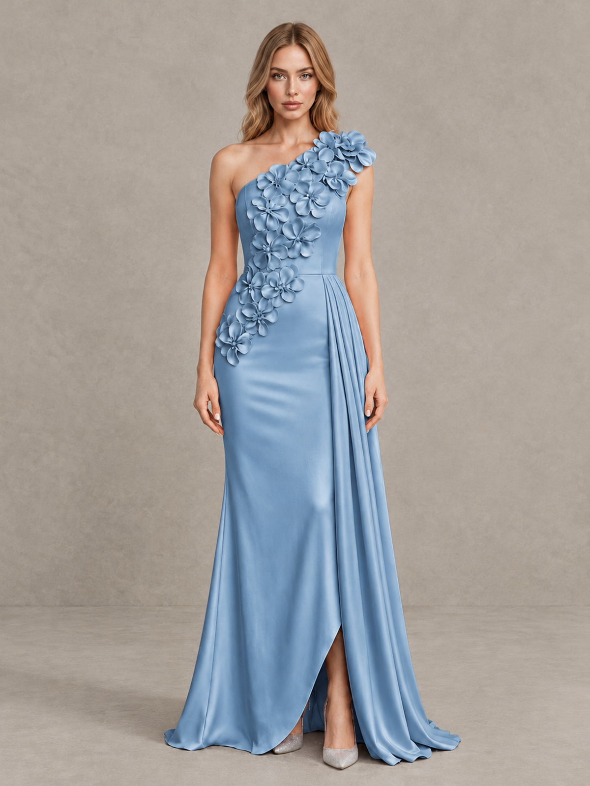 BOLODOO Dusty Blue One-Shoulder Satin Mermaid Evening Gown with 3D Floral Appliqué - Dusty Blue - Dusty Blue_1