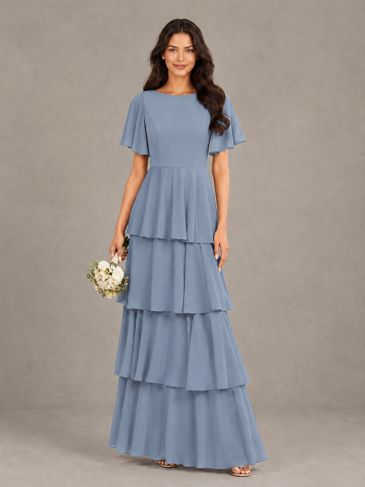 BOLODOO Dusty Blue Tiered Flutter Sleeve Bridesmaid Dress - Dusty Blue - Dusty Blue_1