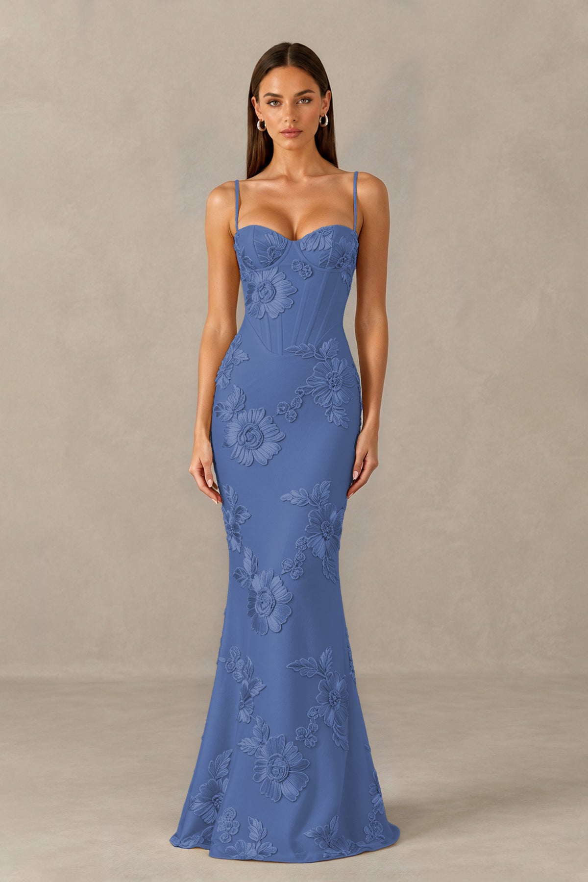 BOLODOO Dusty Blue Floral Lace-Up Back Mermaid Maxi Dress - Dusty Blue