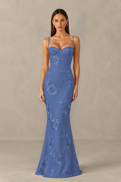 BOLODOO Dusty Blue Floral Lace-Up Back Mermaid Maxi Dress - Dusty Blue