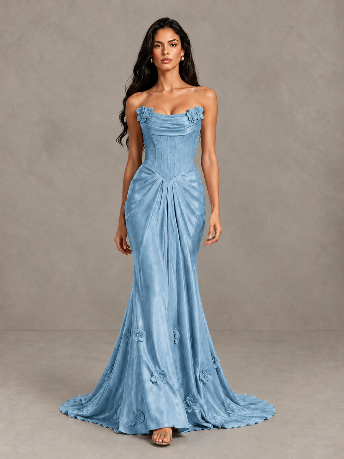 BOLODOO Dusty Blue Strapless Floral Corset Evening Gown with Train - Dusty Blue - Dusty Blue_1