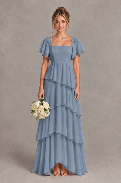 BOLODOO Dusty Blue Square Neck Flutter Sleeve Tiered Chiffon Bridesmaid Dress with Lace-Up Back - Dusty Blue - Dusty Blue_1