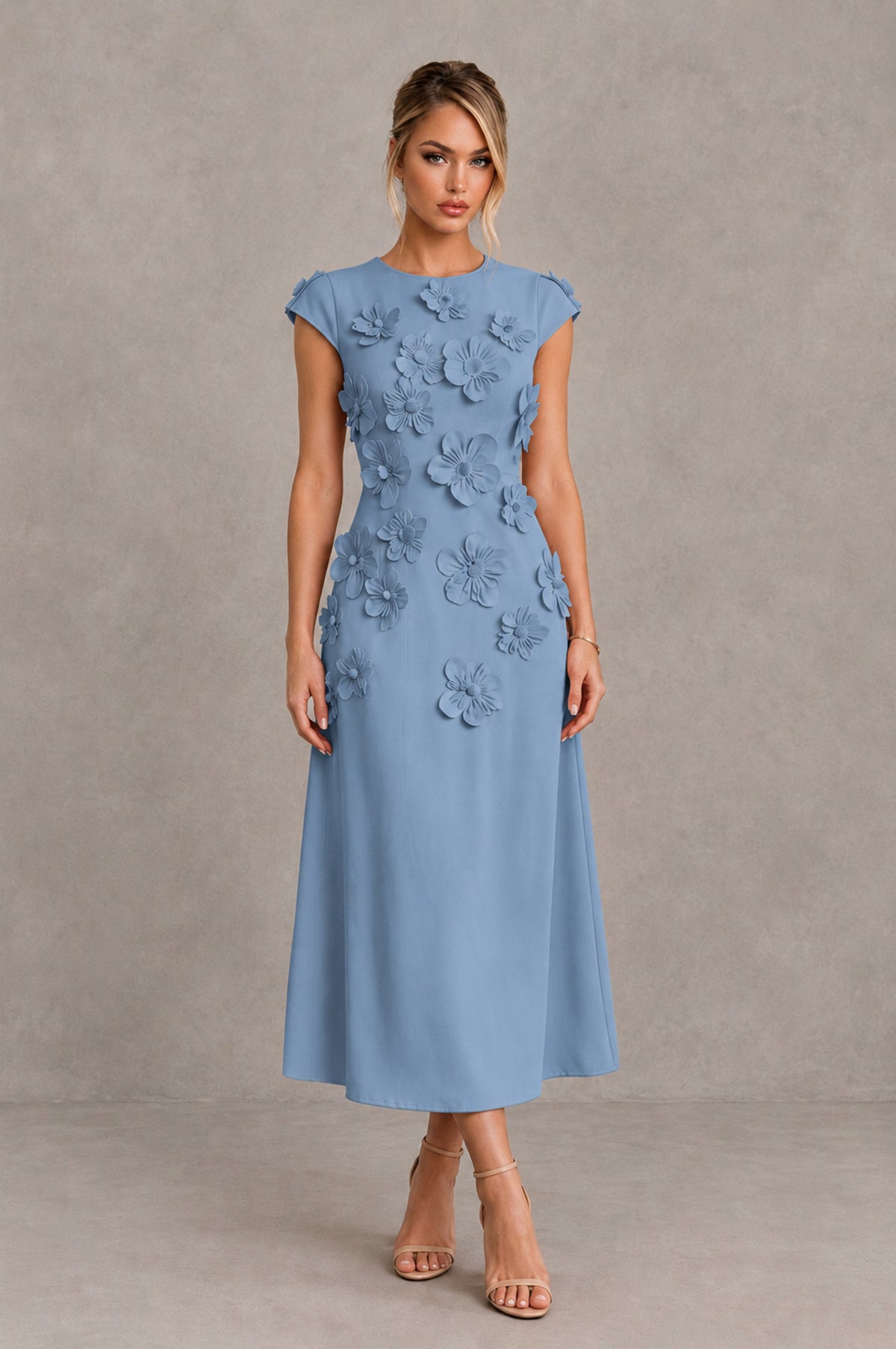 BOLODOO Dusty Blue 3D Floral Cap Sleeve Midi Cocktail Dress - Dusty Blue - Dusty Blue_1
