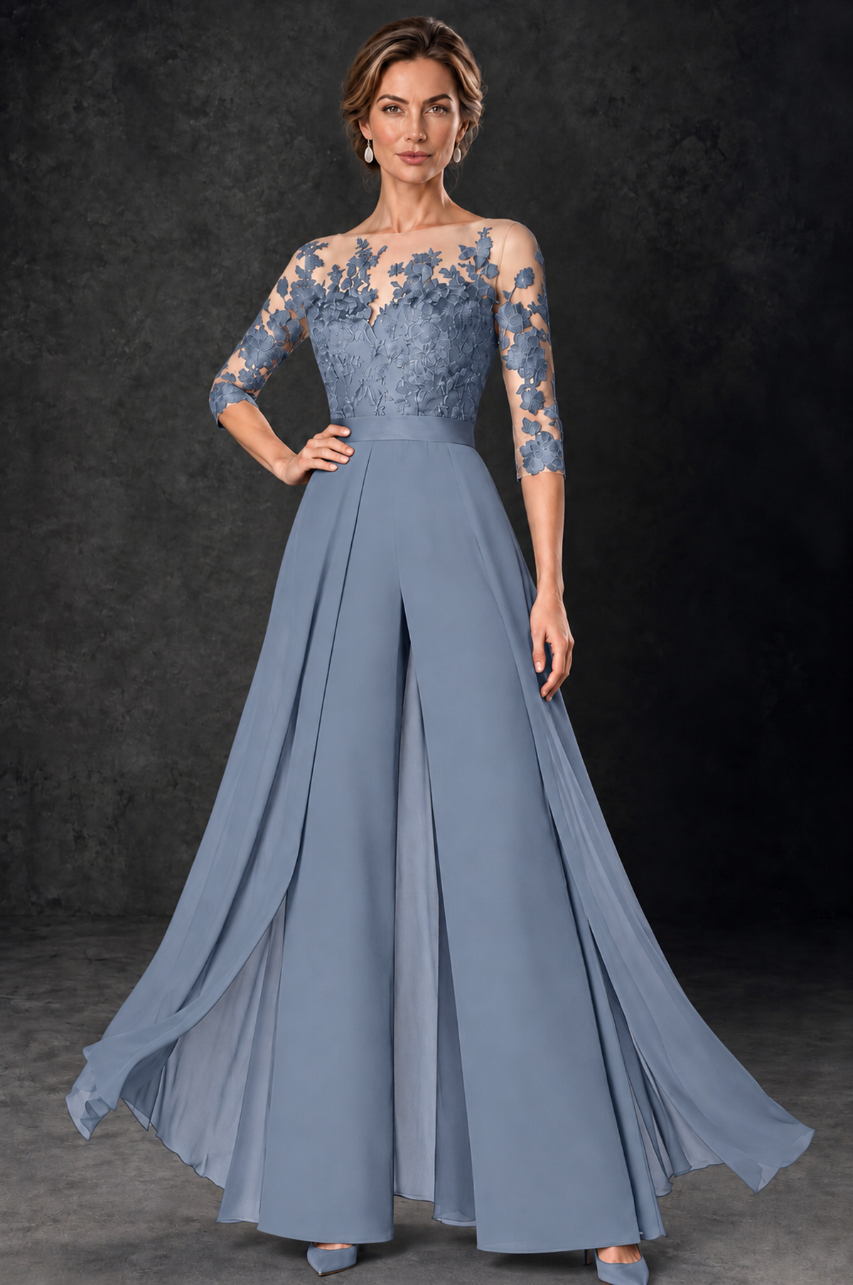 BOLODOO Dusty Blue Lace Wide-Leg Jumpsuit with Three-Quarter Sleeves - Dusty Blue - Dusty_Blue_1