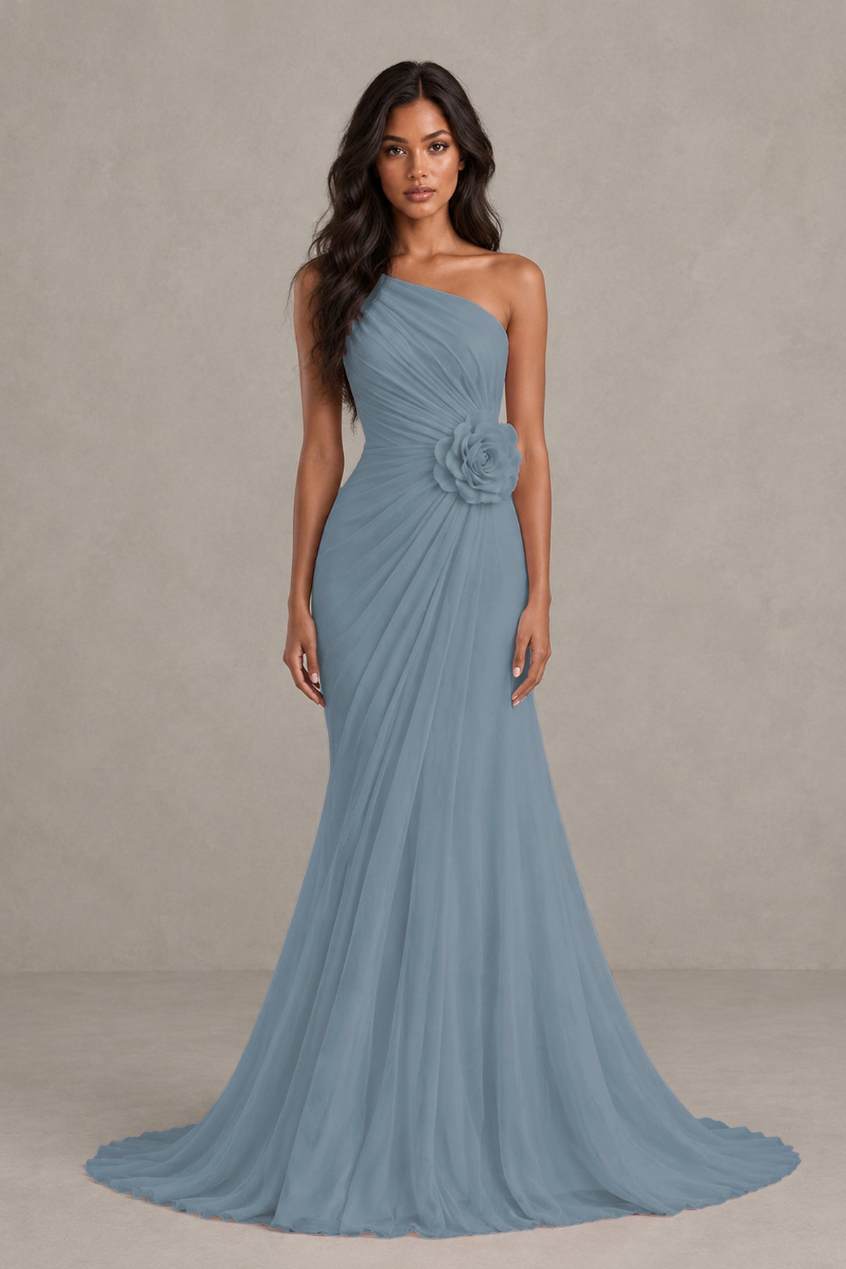 BOLODOO Dusty Blue One-Shoulder Floral Ruched Maxi Dress - Dusty Blue