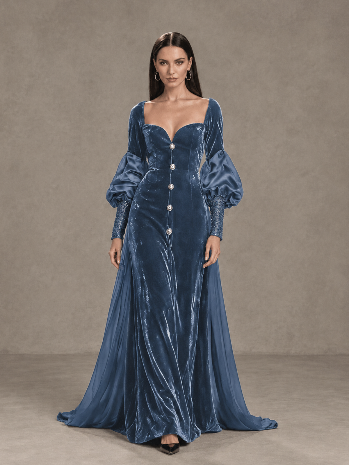 BOLODOO Dusty Blue Velvet Long Sleeve Open-Back Evening Gown - Dusty Blue - Dusty Blue_1
