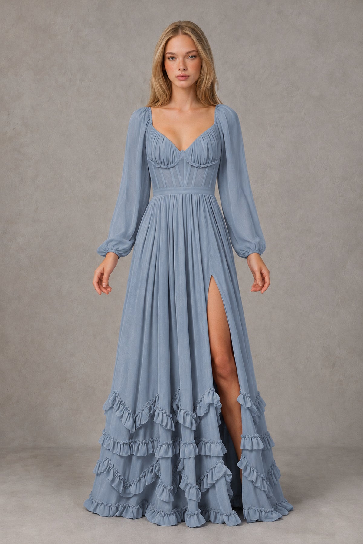 Dusty Blue Long-Sleeve Ruffle Maxi Dress with Lace-Up Back and Slit - Dusty Blue