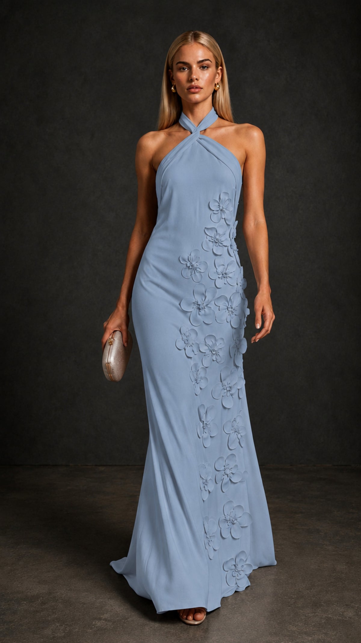 BOLODOO Dusty Blue Cross Halter Neck 3D Floral Appliqué Backless Mermaid Maxi Gown - Dusty Blue