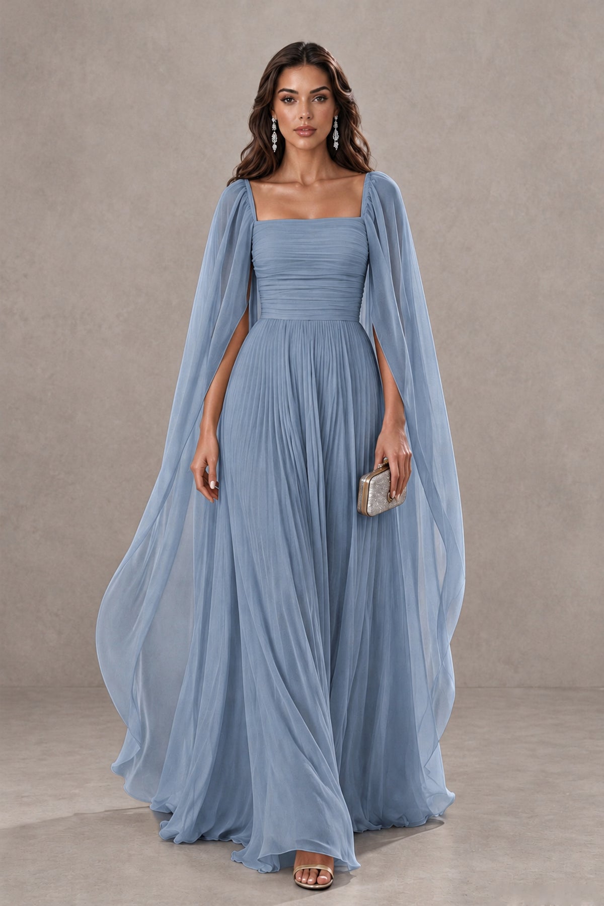BOLODOO Dusty Blue Square Neck Cape Sleeve A-Line Evening Dress - Dusty Blue - Dusty_Blue_1