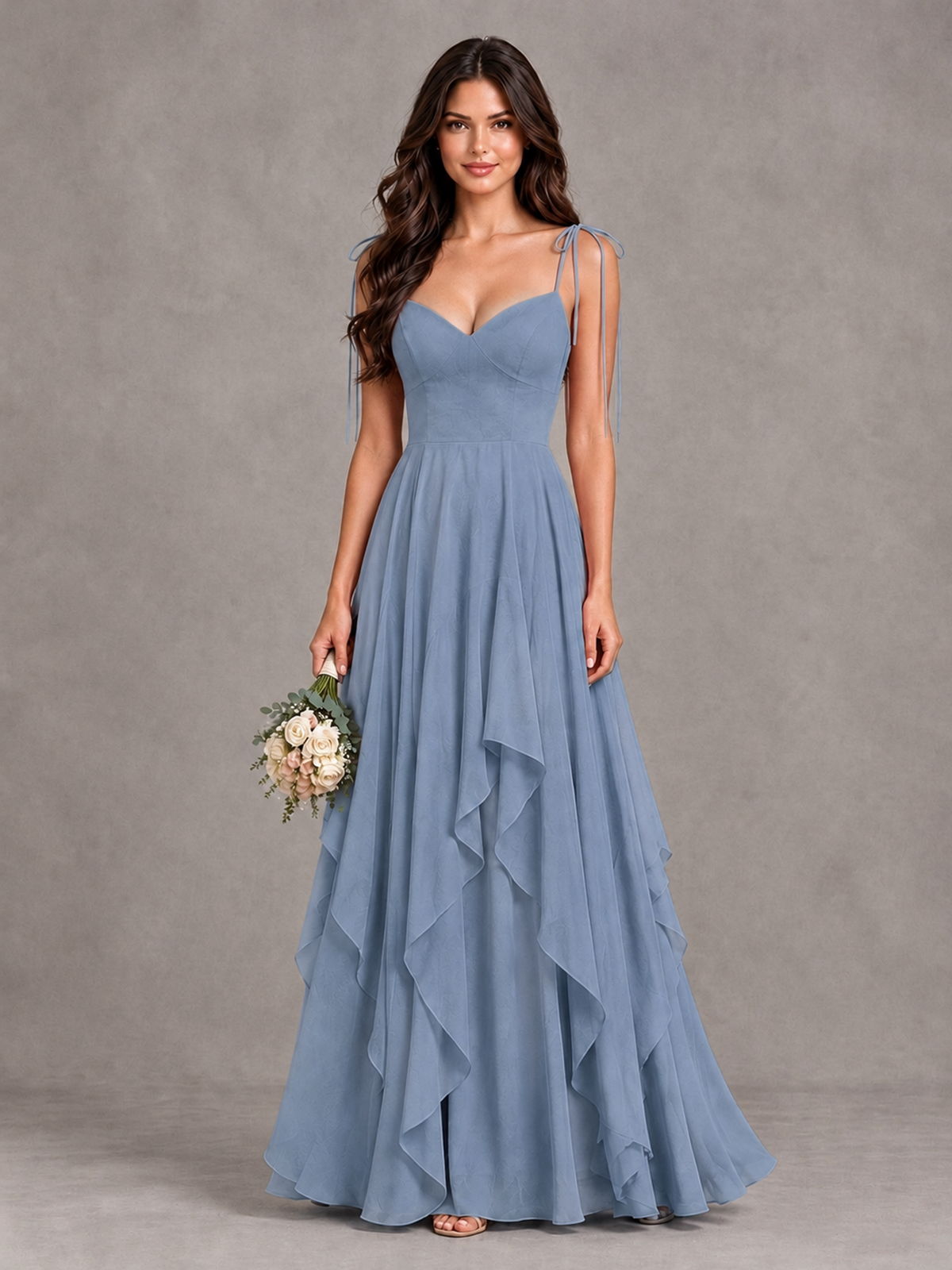 BOLODOO Dusty Blue Tie-Strap Ruffle A-Line Bridesmaid Dress - Dusty Blue - Dusty Blue_1