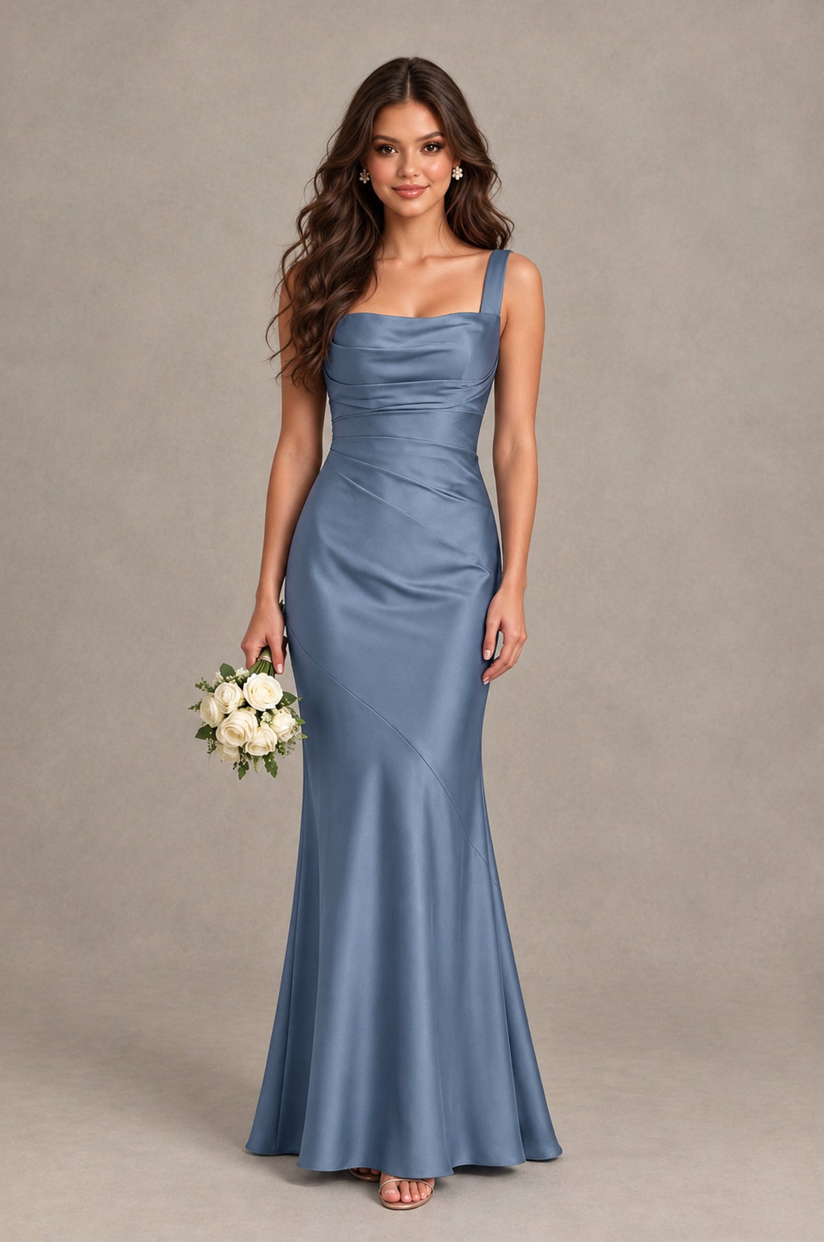 BOLODOO Dusty Blue Square Neck Ruched Satin Lace-Up Bridesmaid Dress - Dusty Blue - Dusty Blue_1