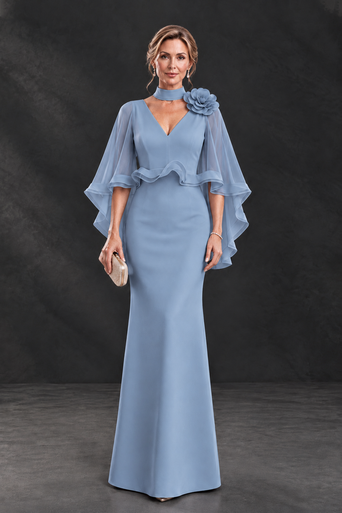 BOLODOO Dusty Blue Floral Cape Sleeve Mother of the Bride Dress - Dusty Blue - Dusty_Blue_1