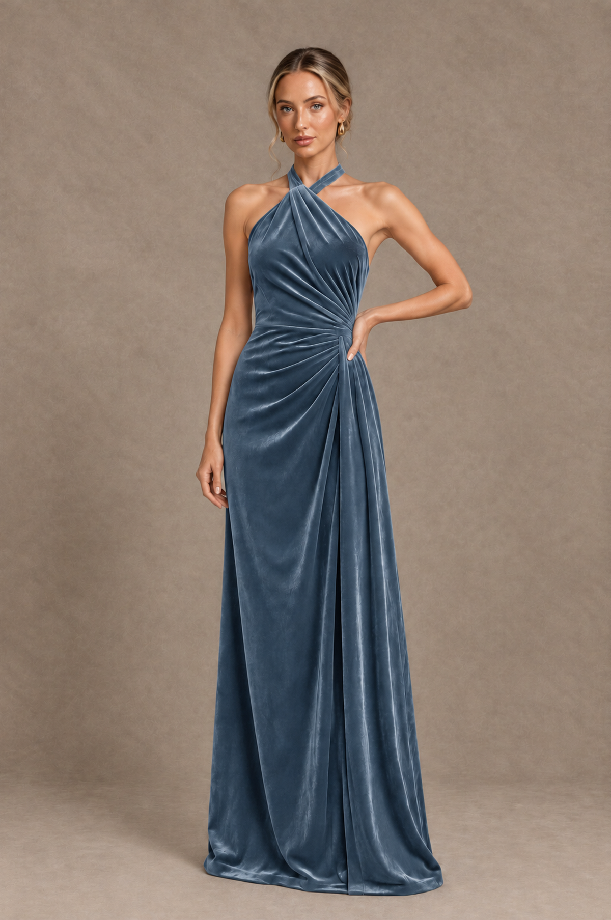 BOLODOO Dusty Blue Velvet Halter Open-Back Ruched Evening Dress - Dusty Blue - Dusty_Blue_1