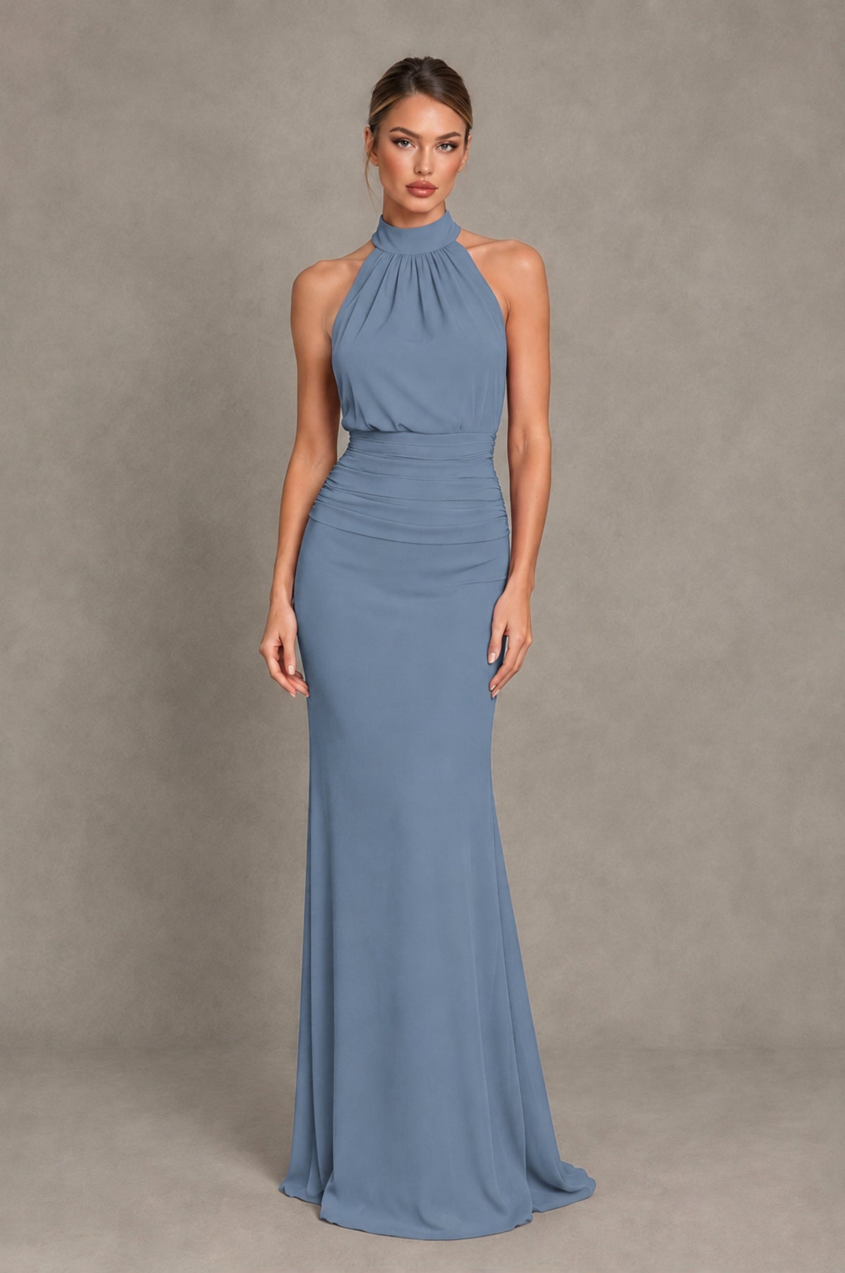 BOLODOO Dusty Blue Chiffon Halter Maxi Formal Wedding Guest Dress - Dusty Blue - Dusty Blue_1