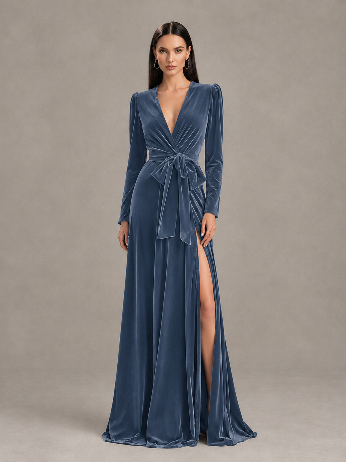 BOLODOO Dusty Blue Long Sleeve Velvet-Look Evening Dress with High Slit - Dusty Blue - Dusty Blue_1