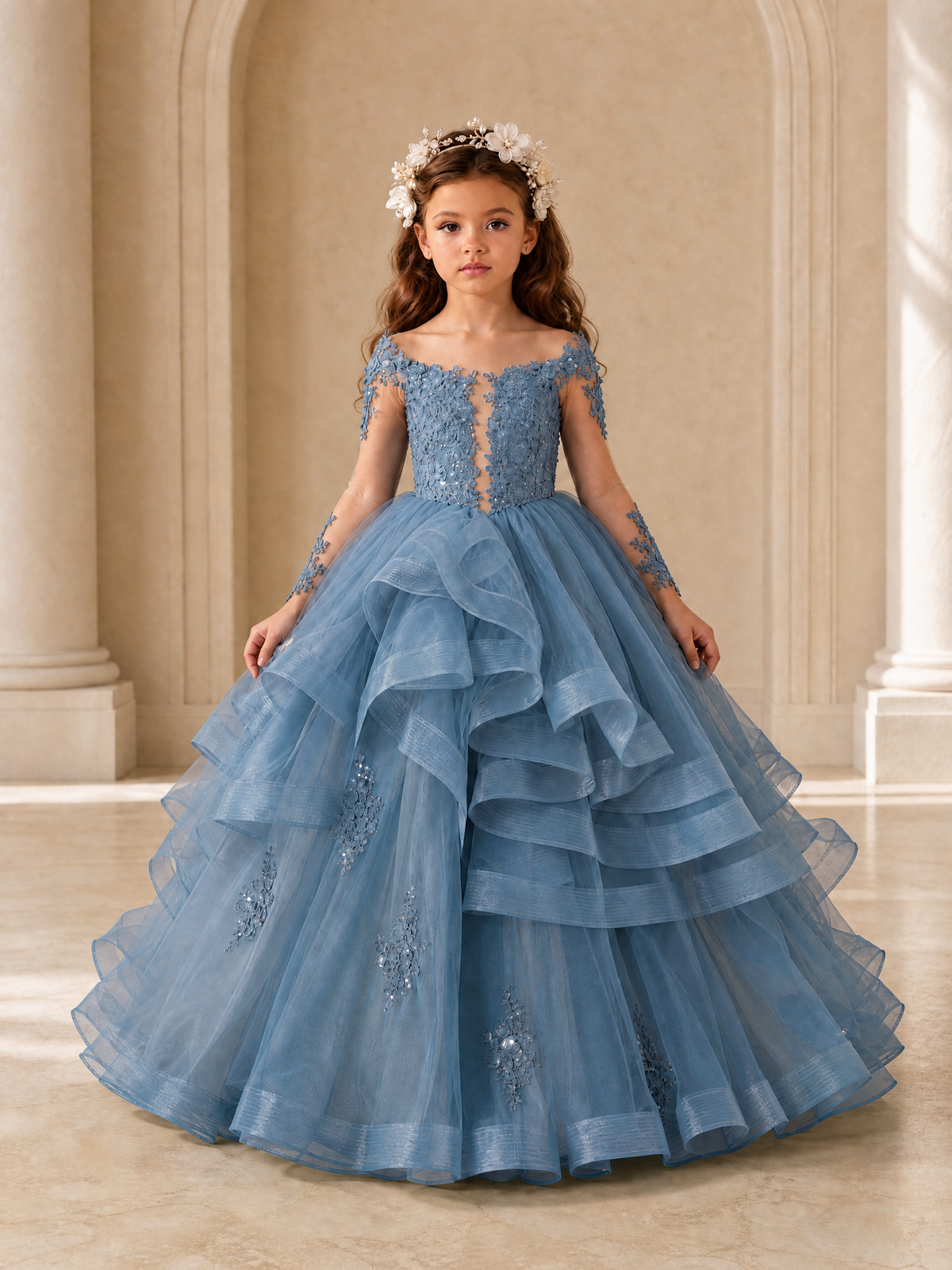 BOLODOO Dusty Blue Lace Long Sleeve Tiered Flower Girl Dress - Dusty Blue - Dusty_Blue_1