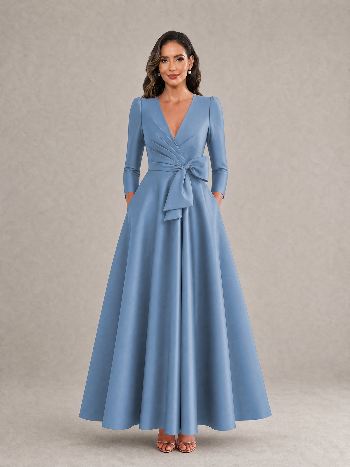 BOLODOO Dusty Blue Satin Deep V-Neck Wrap 3/4 Puff Sleeve A-Line Ball Gown Maxi Dress with Oversized Bow Belt - Dusty Blue