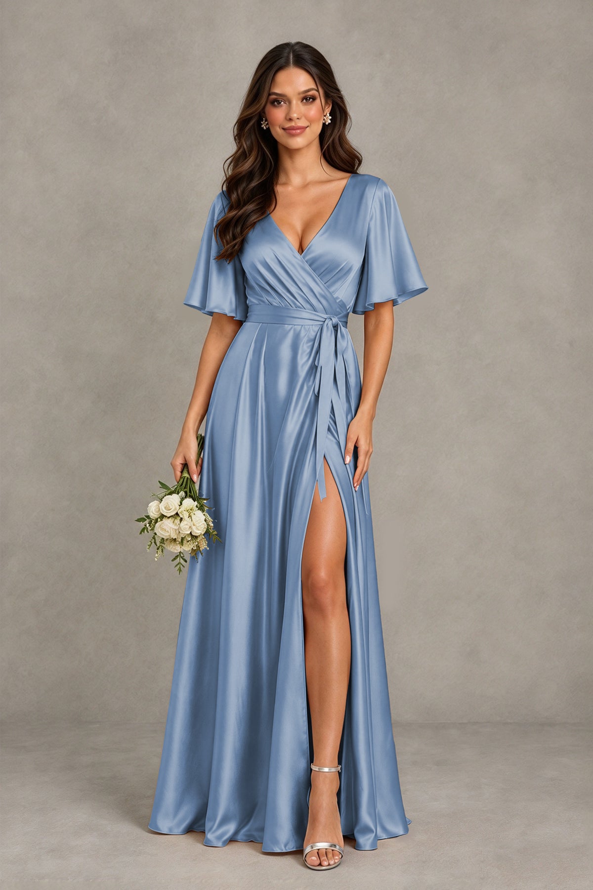 BOLODOO Dusty Blue Satin V-Neck Flutter Sleeve Bridesmaid Dress with Slit - Dusty Blue - Dusty Blue(1)