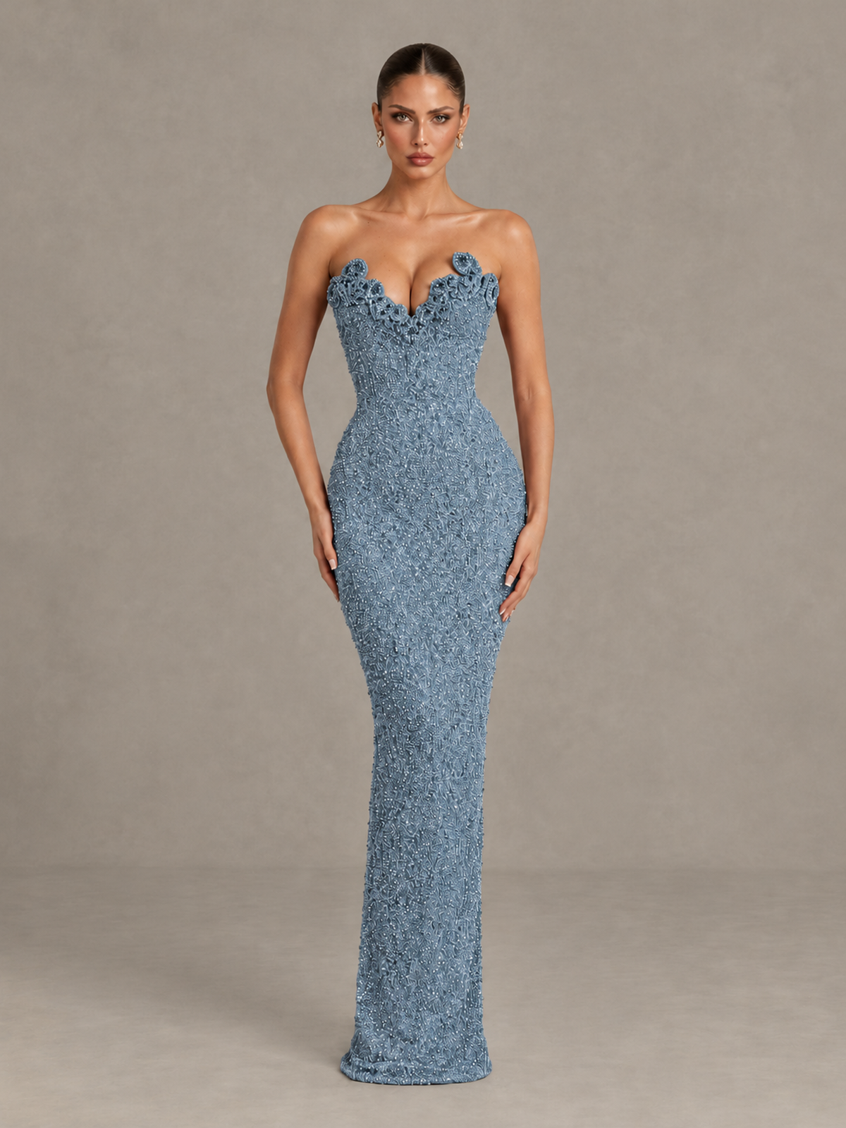 BOLODOO Dusty Blue Strapless Sequin Evening Gown with Floral Neckline - Dusty Blue - Dusty Blue_1
