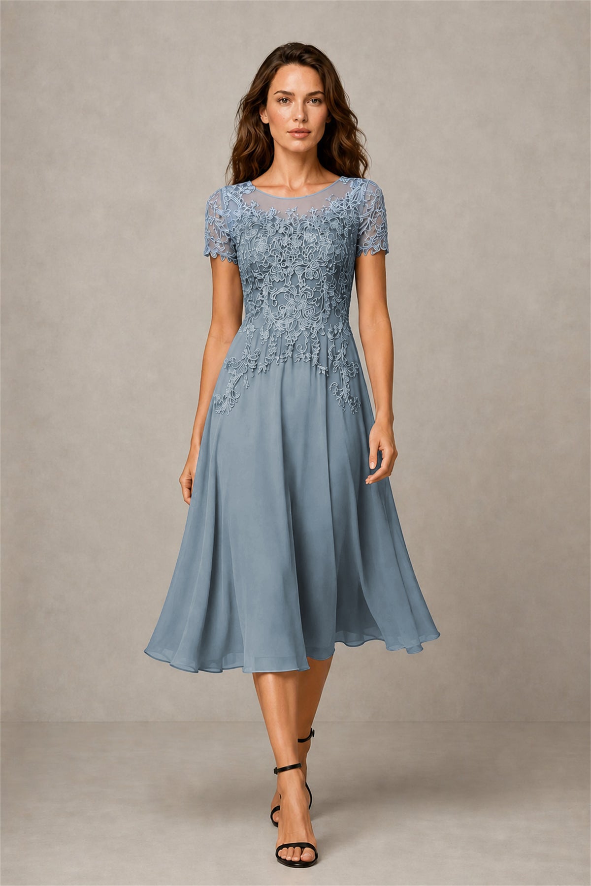 BOLODOO Steel Dusty Blue Beaded Lace Illusion Bodice Chiffon Tea-Length Dress | Mother of the Bride & Cocktail Party - Dusty Blue