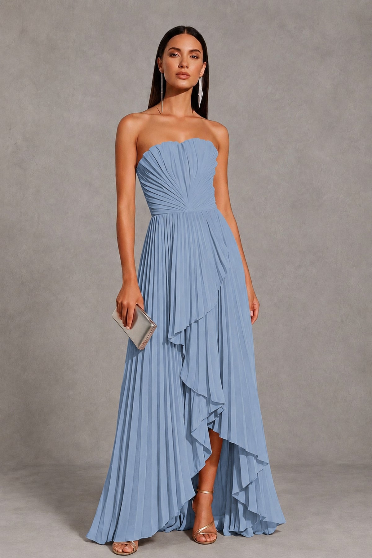 Dusty Blue Strapless Pleated High-Low Evening Gown with Ruffle Hem - Dusty Blue
