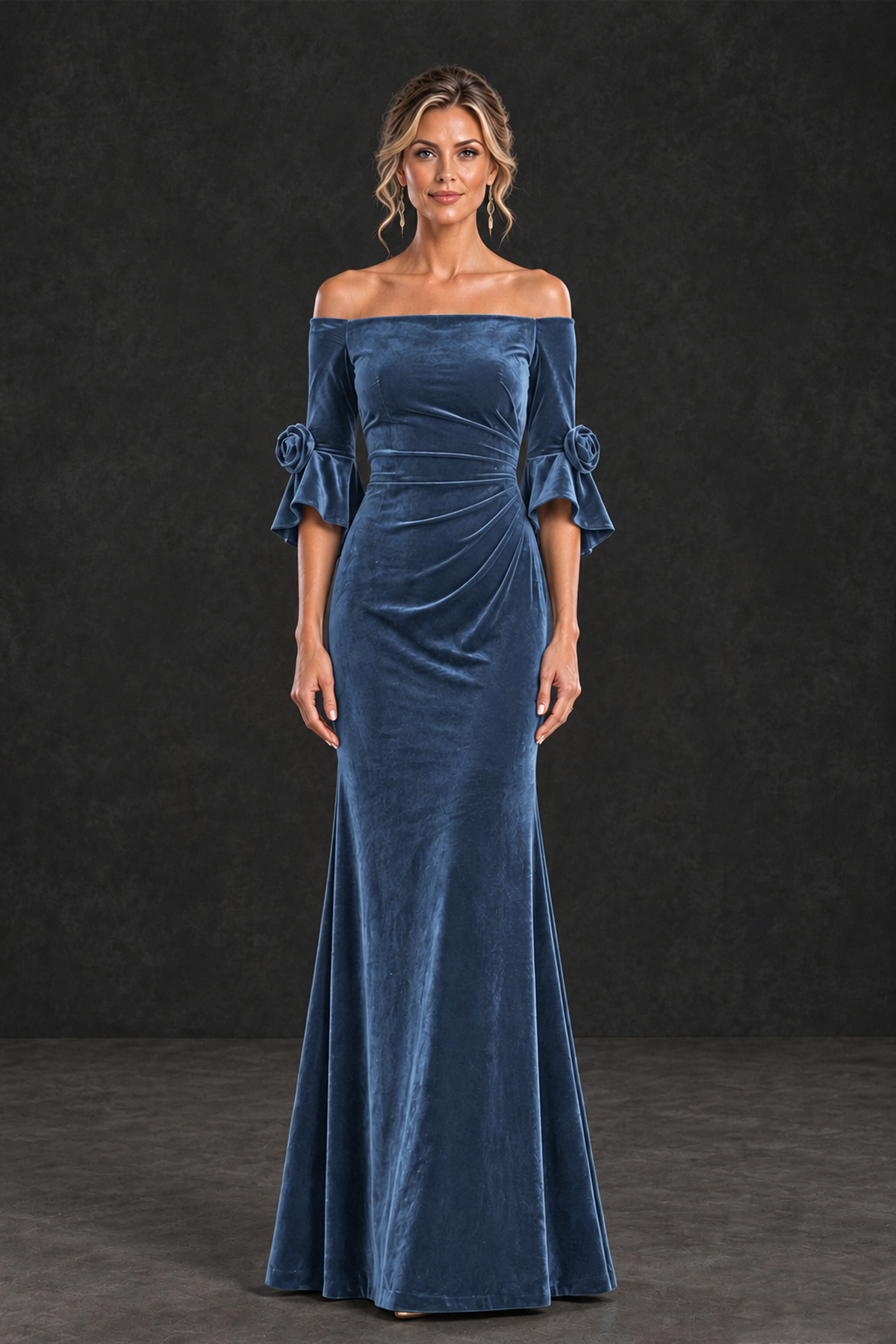 BOLODOO Dusty Blue Velvet Off-Shoulder Mother of the Bride Dress – 3/4 Floral Cuff Sleeve Mermaid Evening Gown - Dusty Blue - Dusty Blue_1