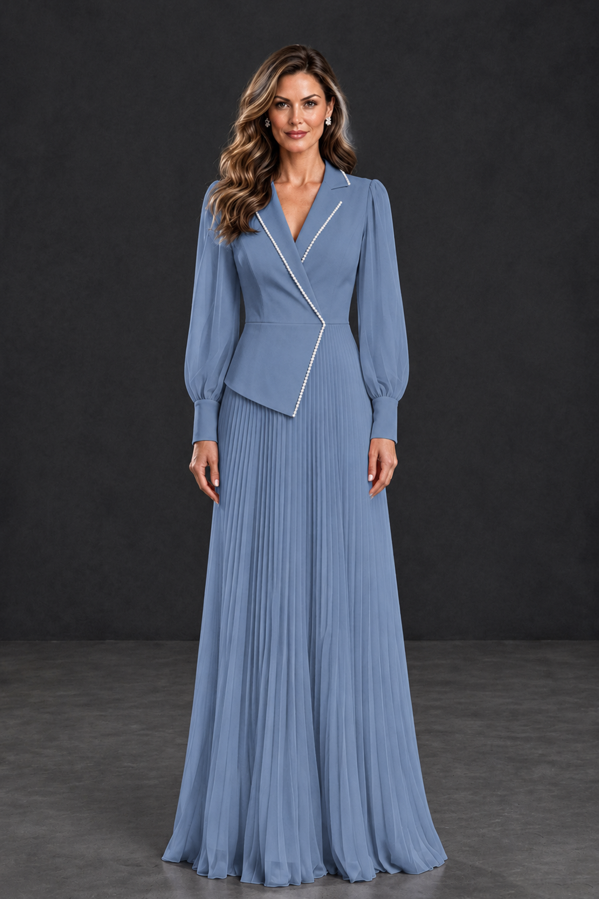 BOLODOO Dusty Blue Long Sleeve Pleated Mother of the Bride Dress - Dusty Blue - Dusty Blue_1