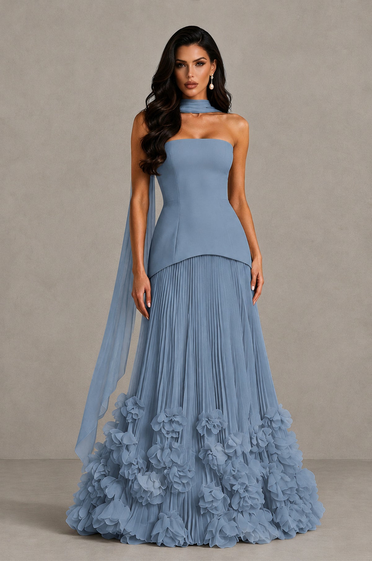 BOLODOO Dusty Blue Strapless Pleated Floral Hem Evening Gown - Dusty Blue - Dusty Blue_1
