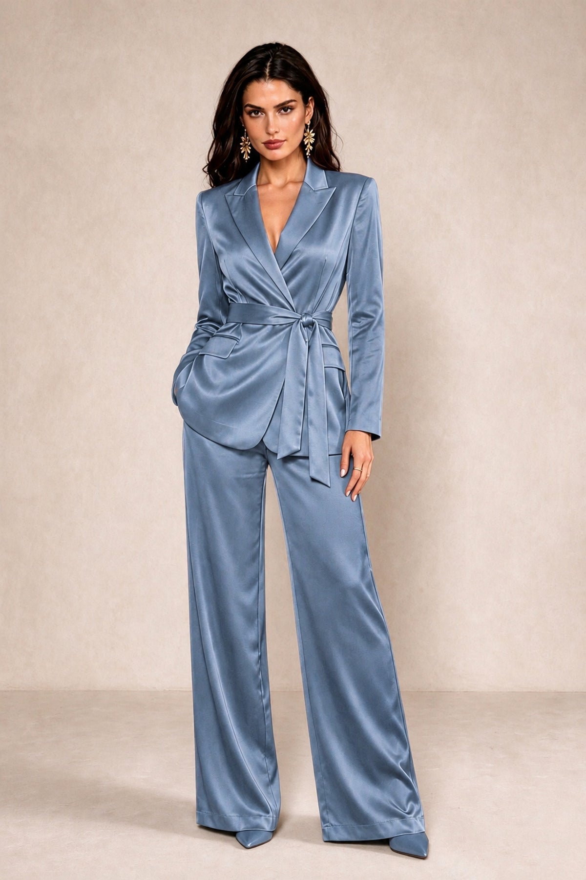BOLODOO Dusty Blue Satin Wrap Blazer Wide-Leg Pants Two-Piece Suit Set – Evening Gala Wedding Guest - Dusty Blue - Dusty_Blue_1