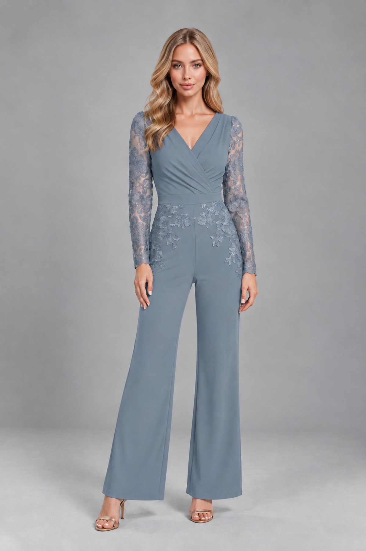 BOLODOO Dusty Blue Lace Long-Sleeve V-Neck Mother Pant Suit - Dusty Blue - Dusty Blue_1