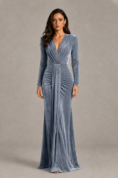 BOLODOO Dusty Blue Velvet Long Sleeve V-Neck Ruched Evening Gown - Dusty Blue