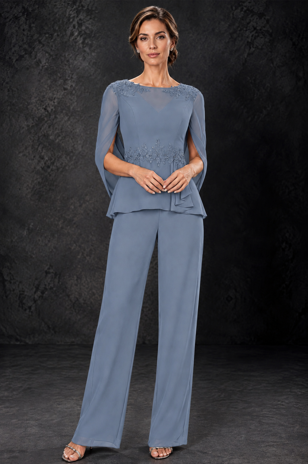 BOLODOO Dusty Blue Embellished Cape Sleeve Mother of the Bride Pantsuit - Dusty Blue - Dusty_Blue_1
