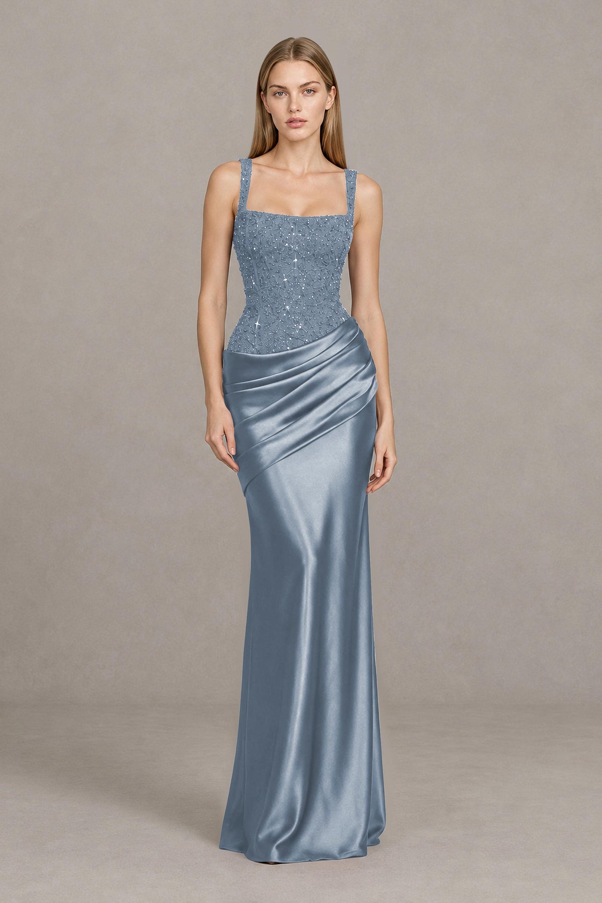 BOLODOO Dusty Blue Square Neck Embellished Satin Evening Gown - Dusty Blue