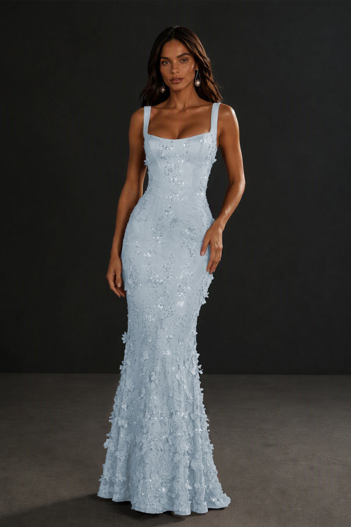 BOLODOO Dusty Blue Sequin 3D Floral Mermaid Maxi Gown – Lace-Up Back Formal Dress - Dusty Blue
