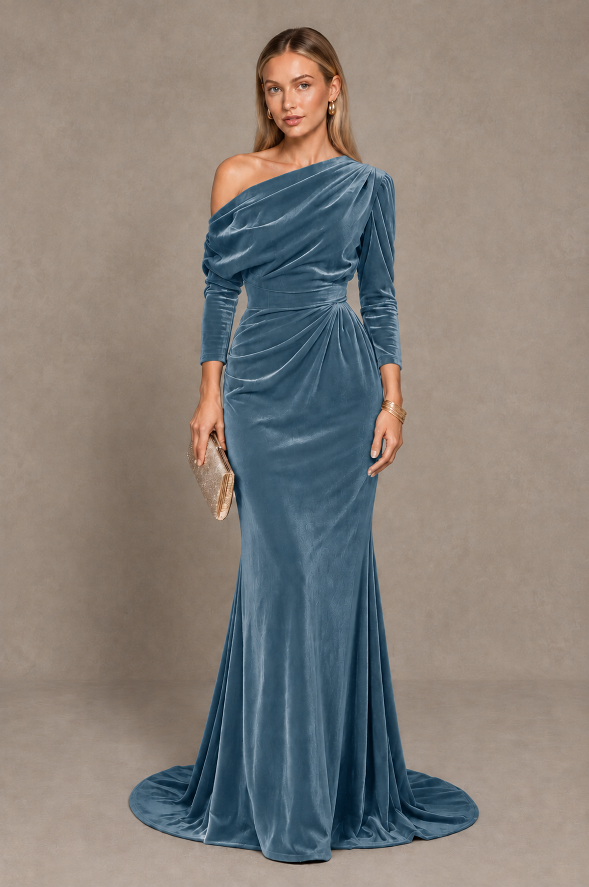 BOLODOO Dusty Blue Velvet Asymmetric Neck Mermaid Evening Dress - Dusty Blue - Dusty_Blue_1