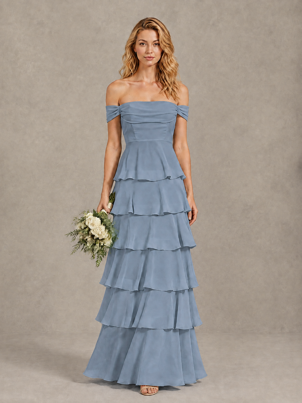 BOLODOO Dusty Blue Off-Shoulder Tiered Ruffle Bridesmaid Dress with Lace-Up Back - Dusty Blue - Dusty Blue_1