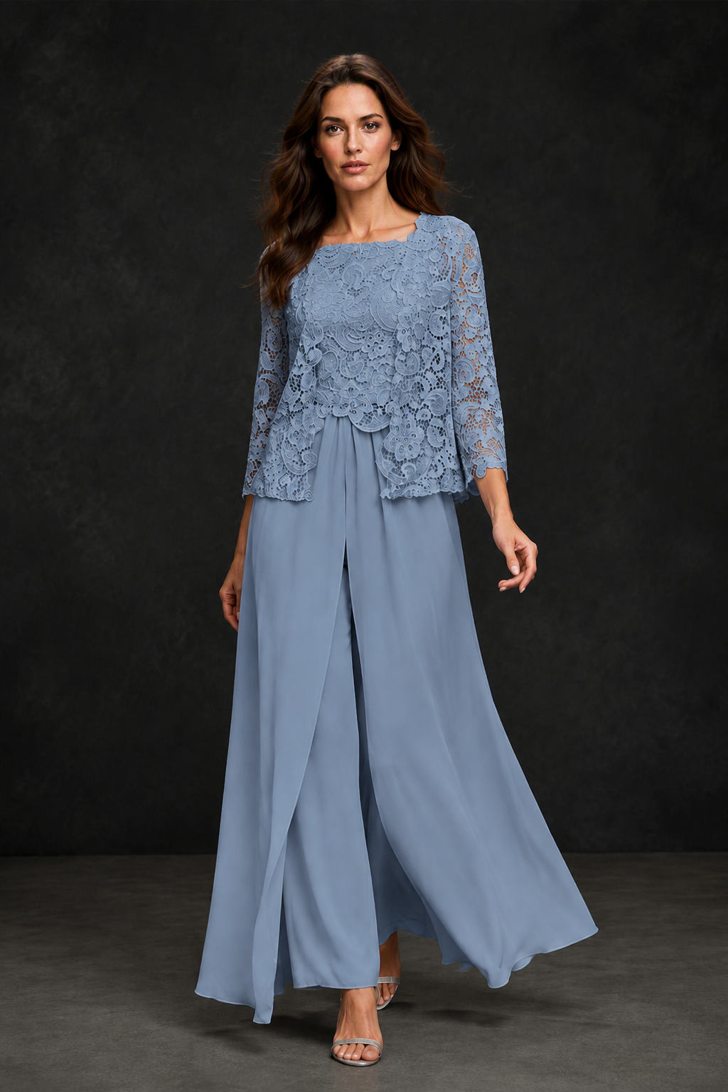 BOLODOO Dusty Blue Grey Lace Peplum Top & Wide-Leg Chiffon Pants Set | Mother of the Bride & Formal Evening Outfit - Dusty Blue