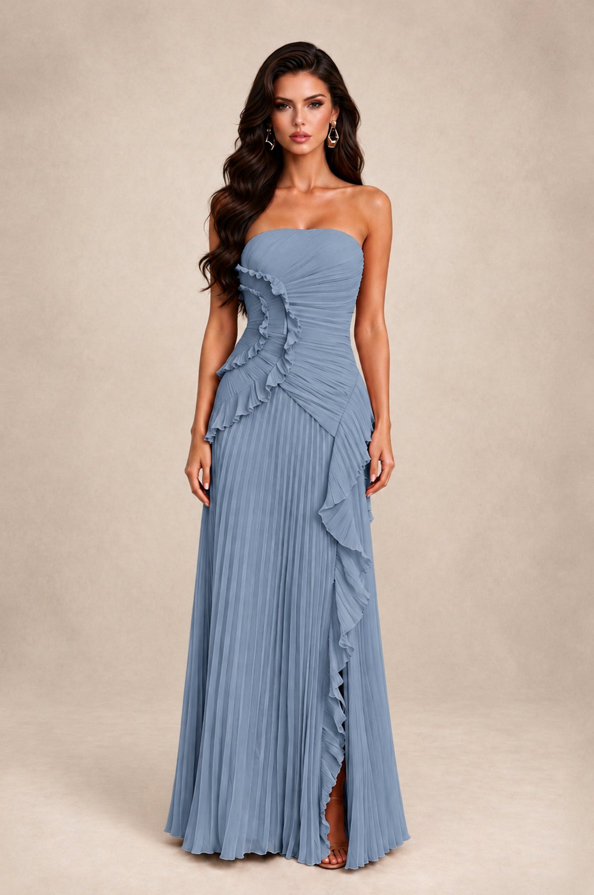 BOLODOO Dusty Blue Strapless Ruffle Pleated Slit Evening Gown - Dusty Blue - Dusty Blue_1