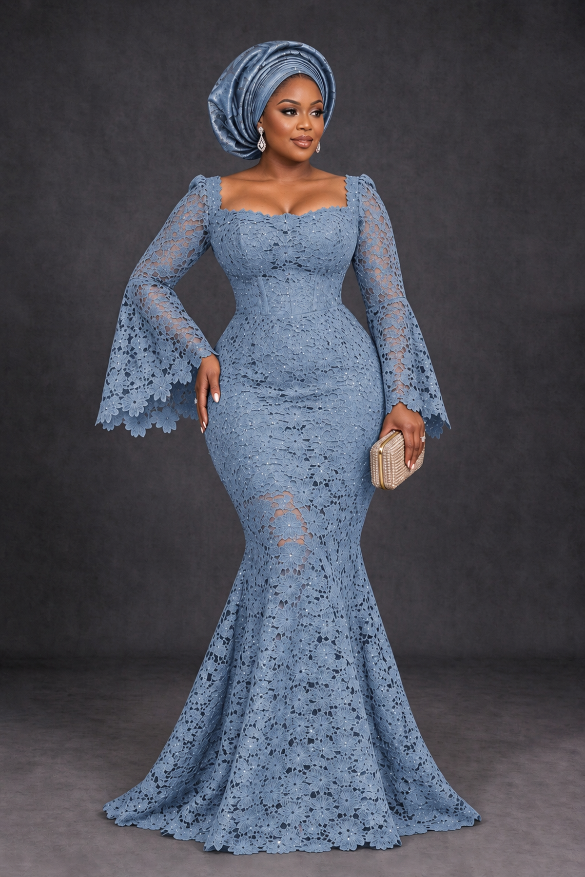 BOLODOO Dusty Blue African Lace Mermaid Dress, Plus Size Nigerian Wedding Guest Gown with Bell Sleeves - Dusty Blue - Dusty Blue_1