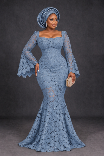 BOLODOO Dusty Blue African Lace Mermaid Dress, Plus Size Nigerian Wedding Guest Gown with Bell Sleeves - Dusty Blue - Dusty Blue_1